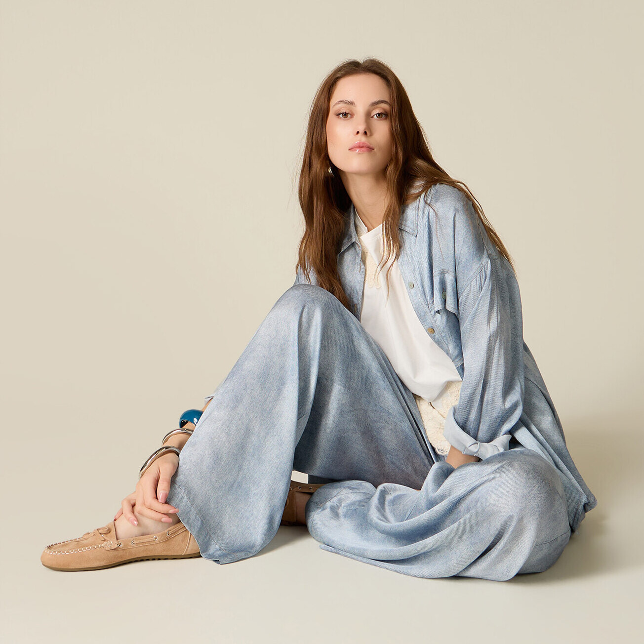 Oltre - Pantalones palazzo de raso efecto denim - Light - blue