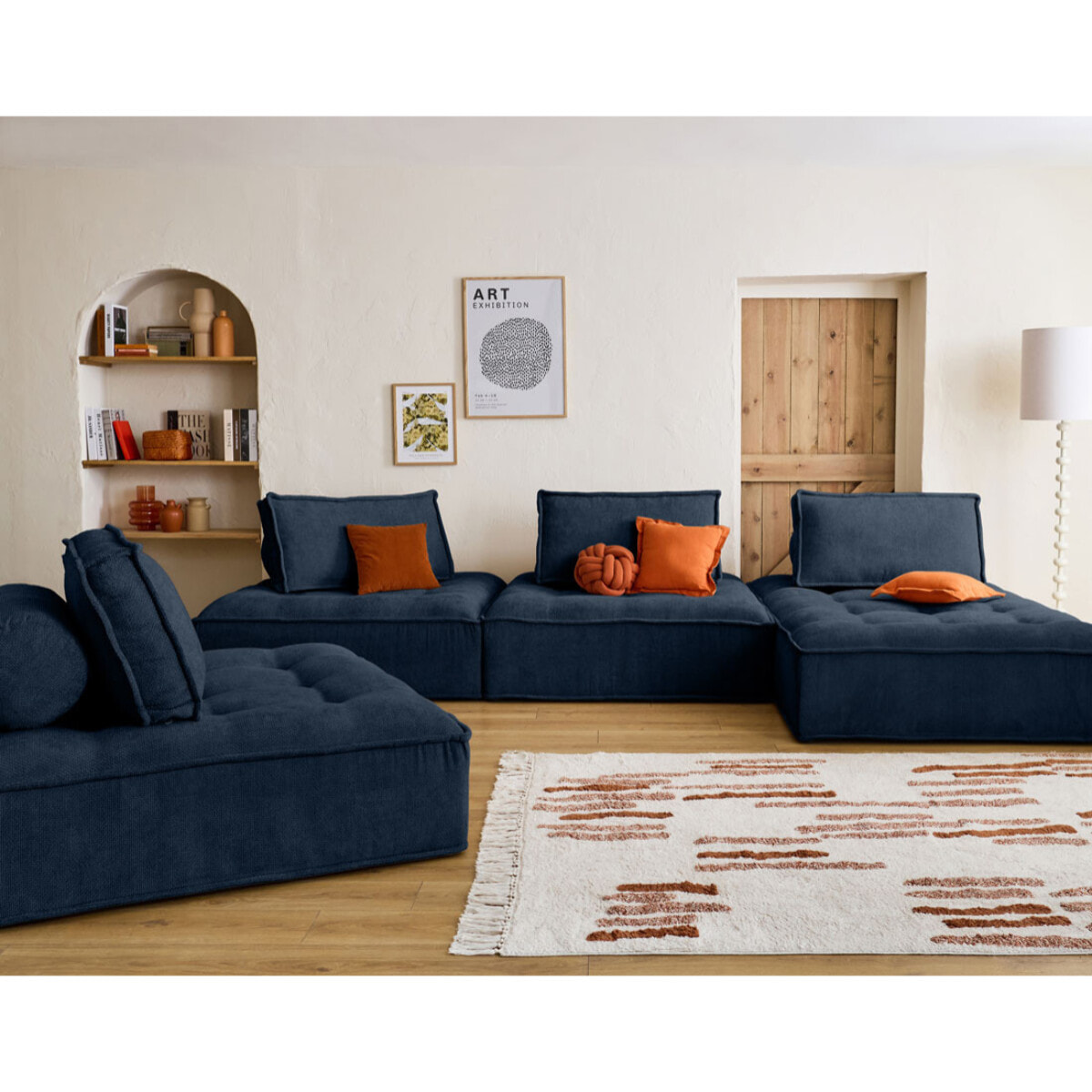 Marisol - canapé panoramique modulable 7 places - velours texturé - Bleu