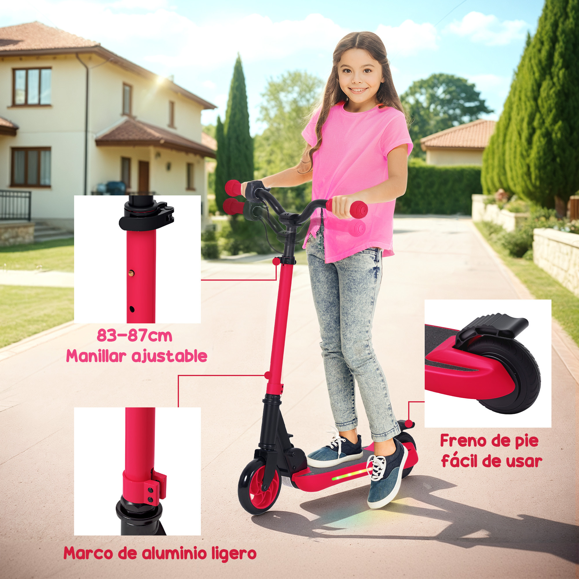 Patinete Eléctrico Plegable MAX 10 KM/H Patín Eléctrico de +6 Años Motor 120 W Autonomía 6 KM Ruedas de 5" - 5,5" Freno Posterior Altura Ajustable Luces LED y Marco de Aluminio Rojo