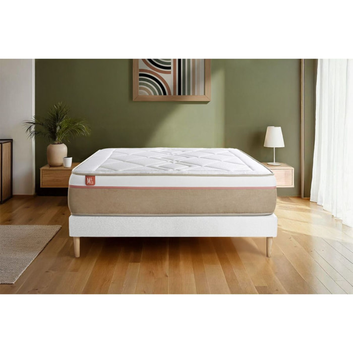 Pack Matelas Le Soyeux - 24cm - Ressorts ensachés et mémoire de forme - Equilibré - Sommier kit Blanc - Avec couette et oreillers