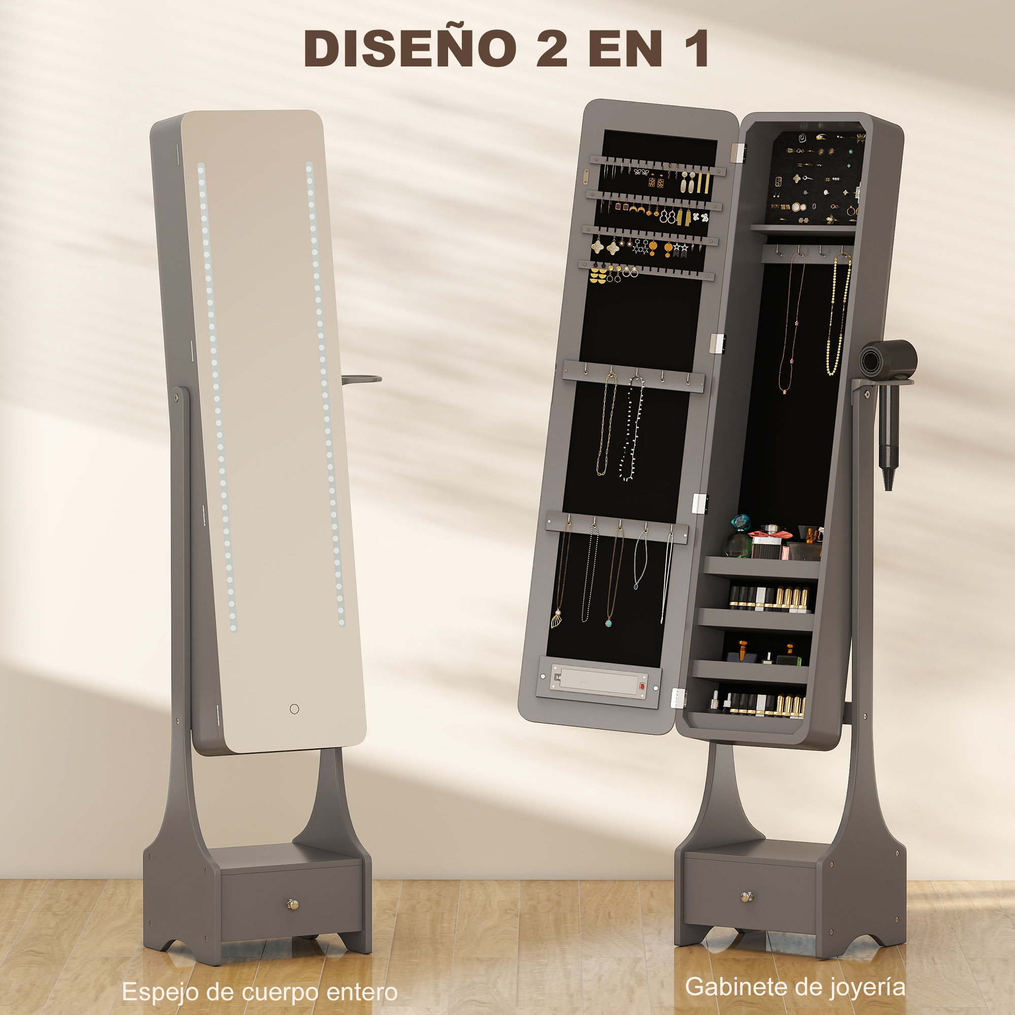 Espejo Joyero con Luces LED, Armario para Joyas, Armario Joyero con Espejo Entero de Ángulo Ajustable, Cajón, Interruptor Táctil, Luces Apagado Automático, Soporte para Secador, Gris