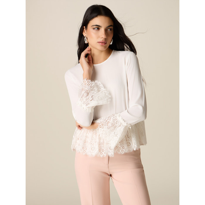 Oltre - Blusa in viscosa con dettagli in pizzo - Bianco