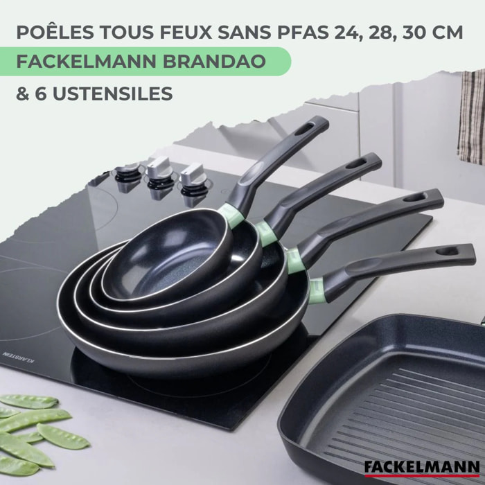 Ensemble de 3 poêles de 24, 28 et 30 cm et 6 ustensiles Fackelmann Brandao