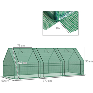 Mini serre de jardin 270L x 90l x 90H cm acier PE haute densité 140 g/m² anti-UV 3 fenêtres avec zip enroulables vert
