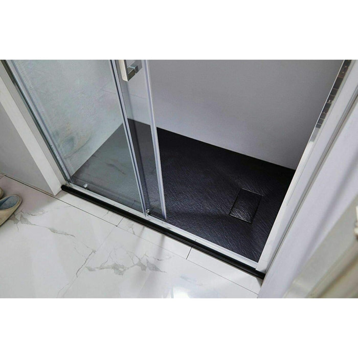 Piatto Doccia Spessore 2.6 Cm In Resina SMC Effetto Pietra Stone Ardesia Antiscivolo Filopavimento Riducibile Con Griglia Copertura 80 x 150 cm Nero