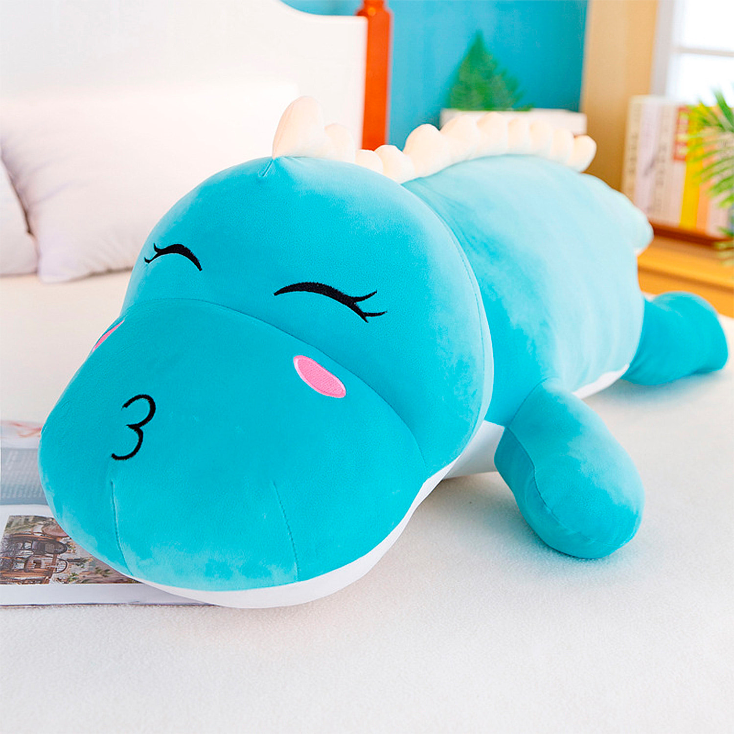 Cuscino extra morbido e soffice design dinosauro blu. 50 cm.