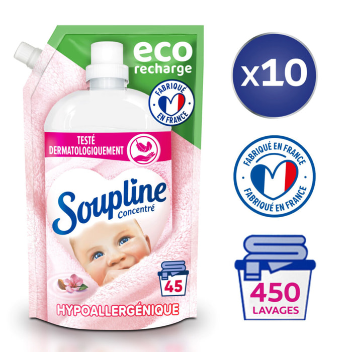 Pack de 10 - Adoucissant concentré Soupline éco-recharge 45 lavages Hypoallergénique - 1L