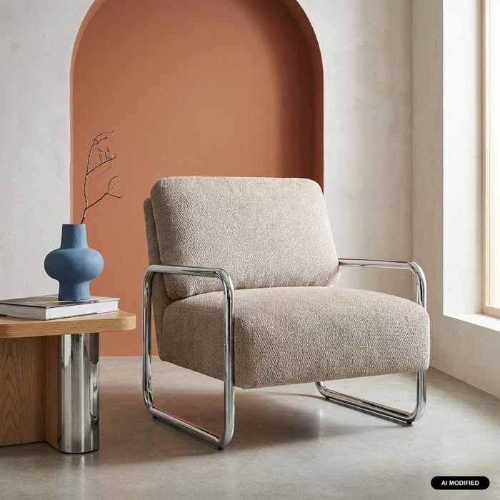 Fauteuil vintage tissu chenille armature chromée JOE