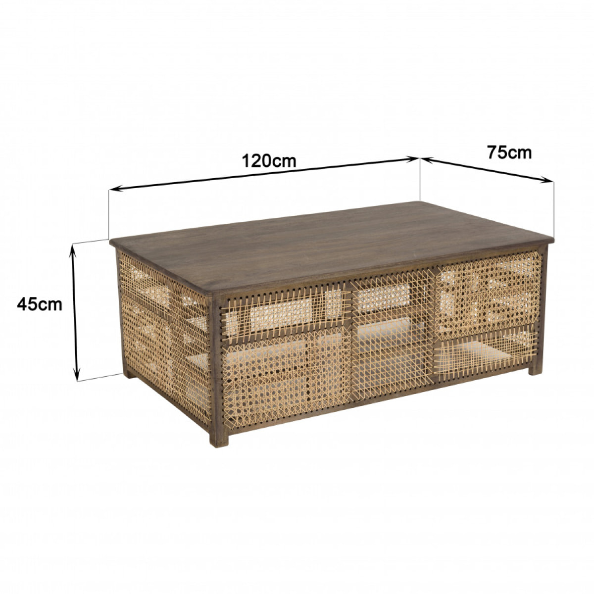 ISA - Table basse en bois de manguier foncé, patchwork cannage naturel