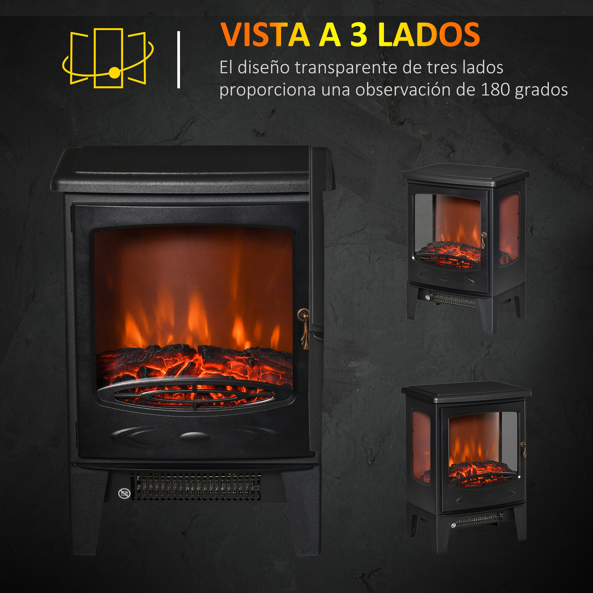 Chimenea Eléctrica 900W/1800W Chimenea Decorativa con Ventanas Efecto de Llama Temperatura Ajustable y Protección Sobrecalentamiento para 20-25 Ã£Å½Â¡ 39x26x54,8 cm Negro
