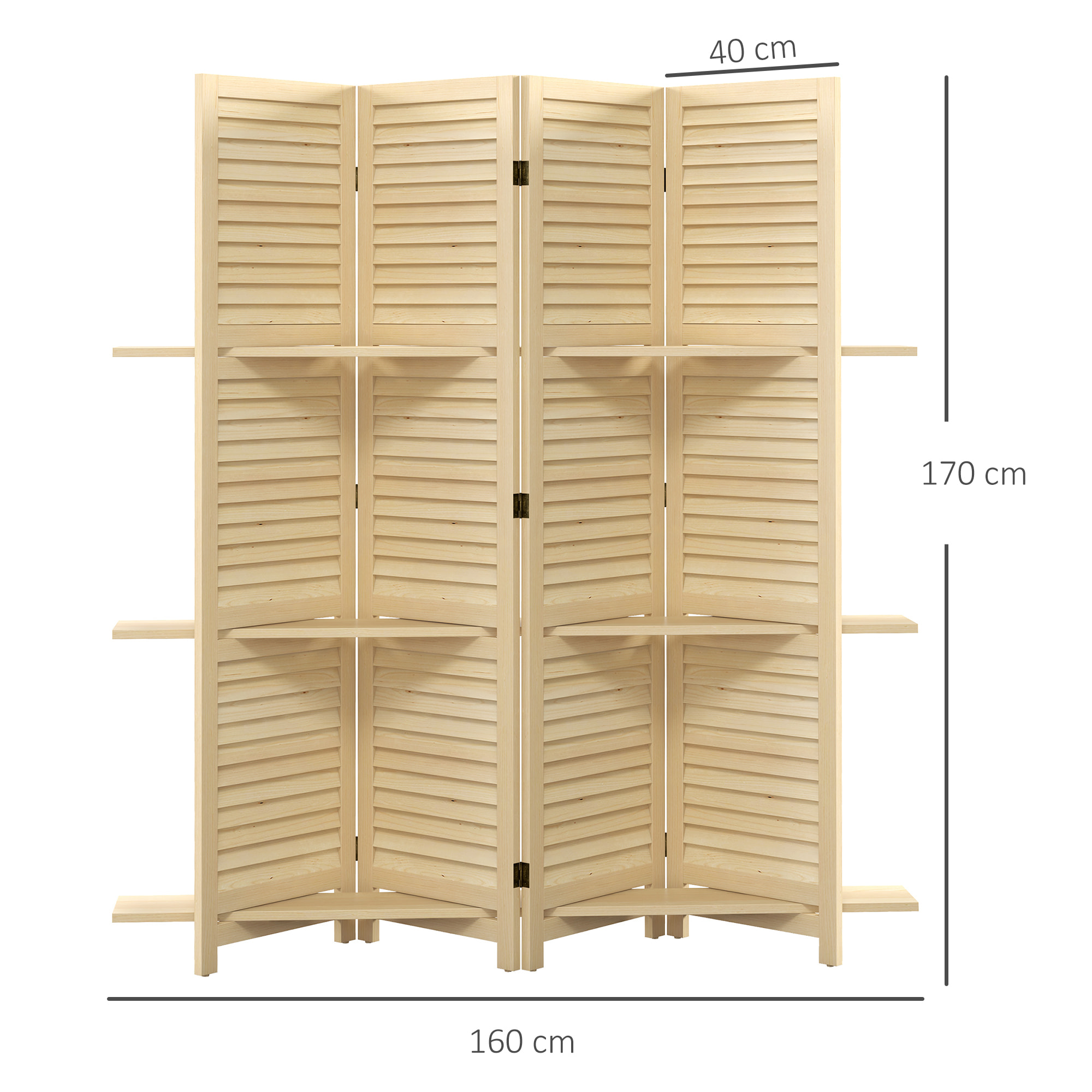 Paravent intérieur 4 panneaux 3 étagères pliables séparateur de pièce portes persiennes bois de paulownia naturel