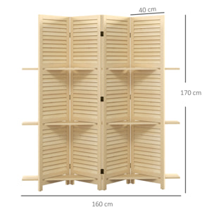 Paravent intérieur 4 panneaux 3 étagères pliables séparateur de pièce portes persiennes bois de paulownia naturel