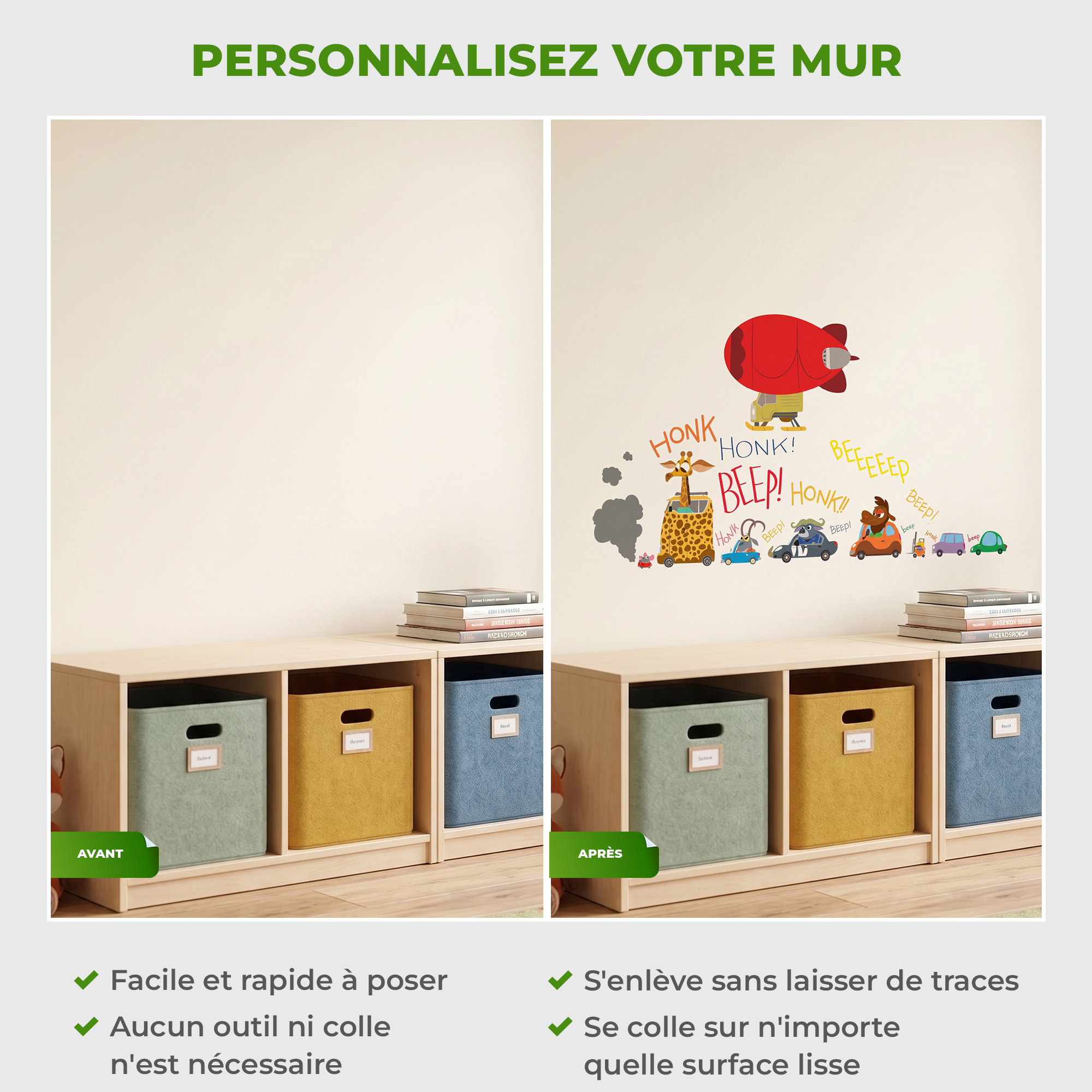 Stickers Muraux décoration adhésifs embouteillage et dirigeable avec animaux rigolos