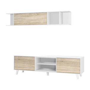 Parete attrezzata Buffalo, Mobile da soggiorno porta TV, Composizione per salotto con pensile, cm 180x41h51, Bianco e Rovere