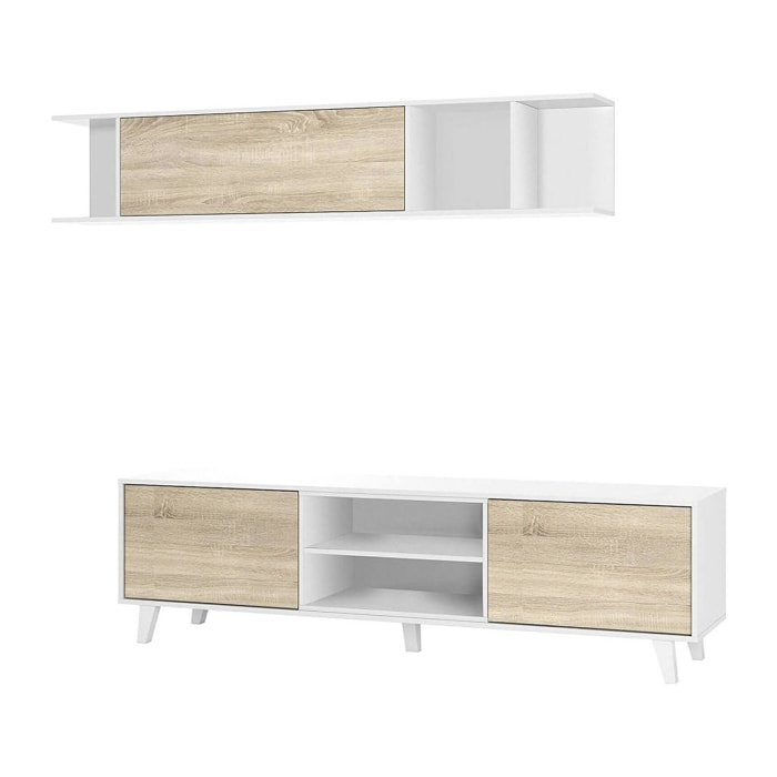 Parete attrezzata Buffalo, Mobile da soggiorno porta TV, Composizione per salotto con pensile, cm 180x41h51, Bianco e Rovere