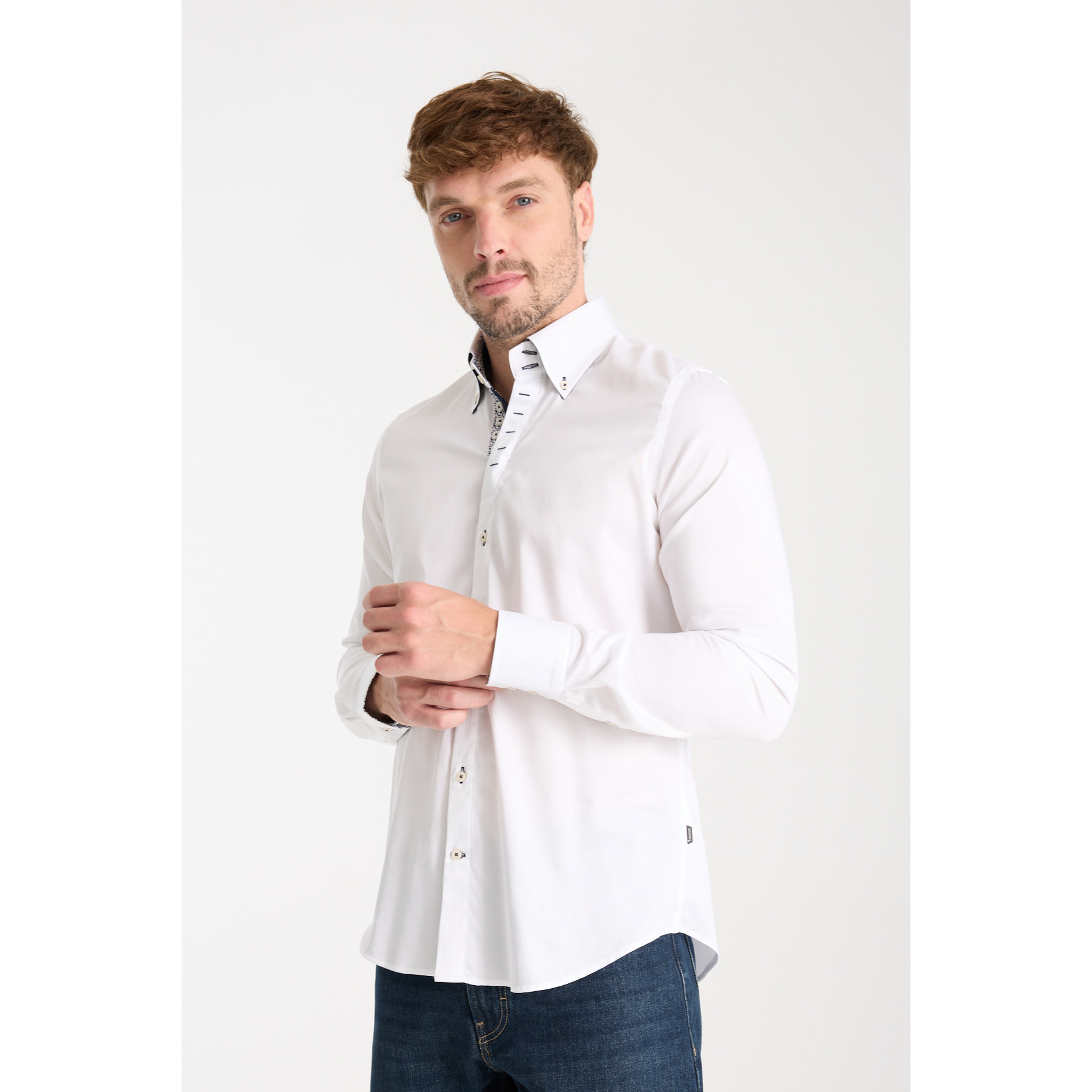 Camicia Uomo 2 Bottoni Button Down Slim Satin Unito Bianco