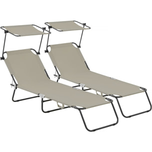 Lot de 2 bains de soleil pliable "Lazy" - Avec pare soleil - Taupe