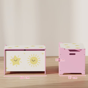 Coffre malle de rangement coffre à jouets design soleil et étoile dim. 60L x 37l x 39H cm vérin pneumatique MDF rose