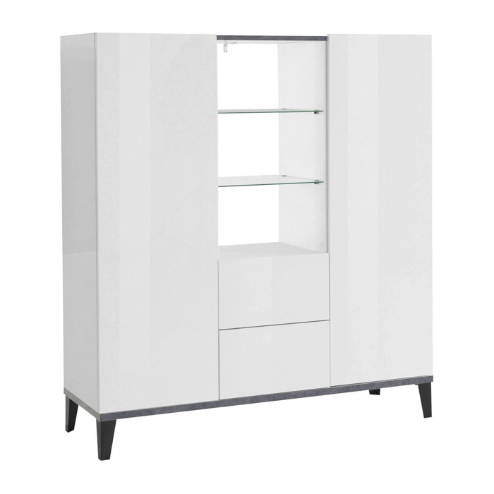 Credenza Scirocco, Madia da cucina a 2 ante e 2 cassetti, Buffet da soggiorno, 100% Made in Italy, cm 120x40h133, Bianco lucido e Ardesia