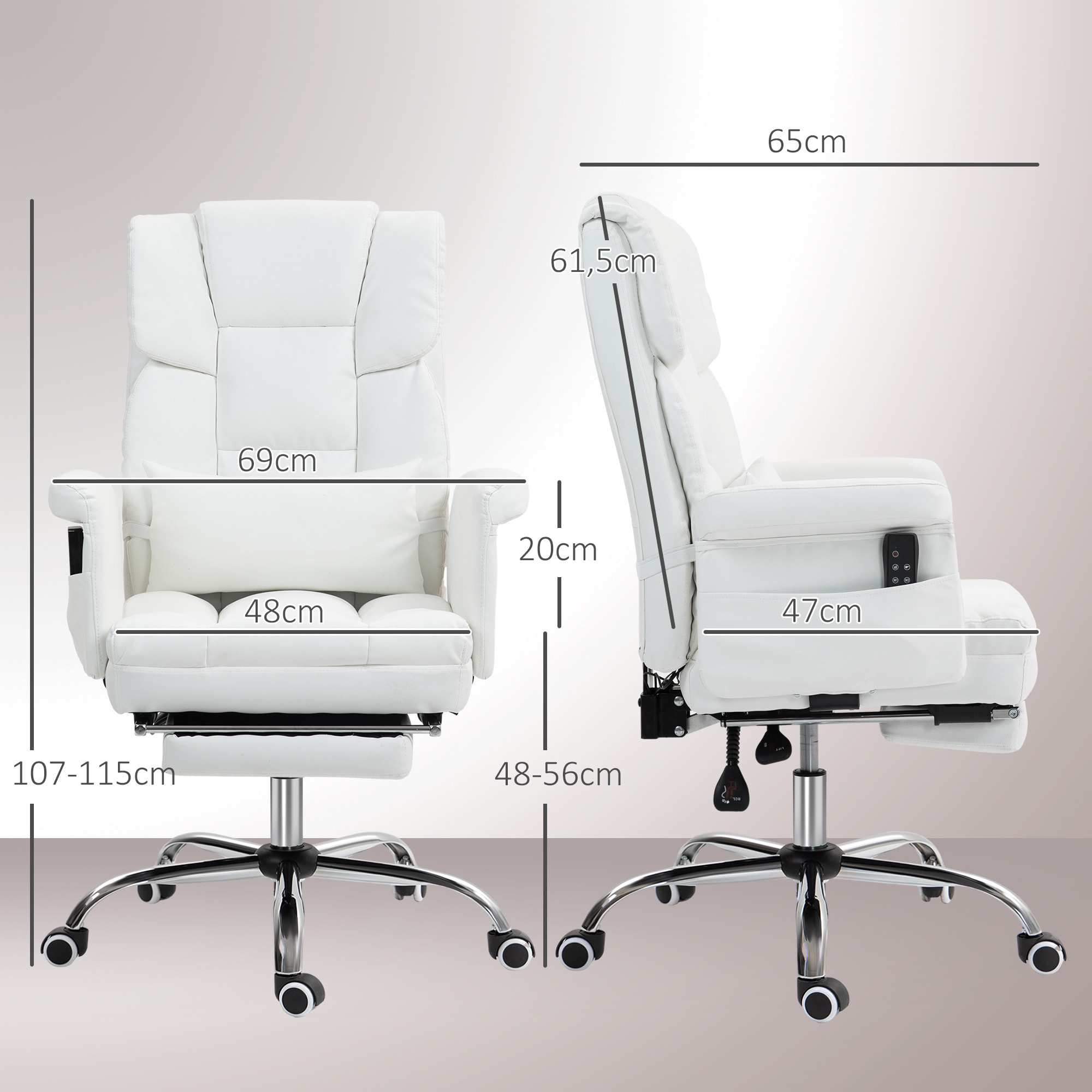 Silla de Oficina con 6 Puntos de Masaje Silla de Masaje Giratoria Silla de Escritorio con Reposapiés Retráctil Altura Ajustable Control Remoto y Soporte Lumbar Tejido de PU Blanco