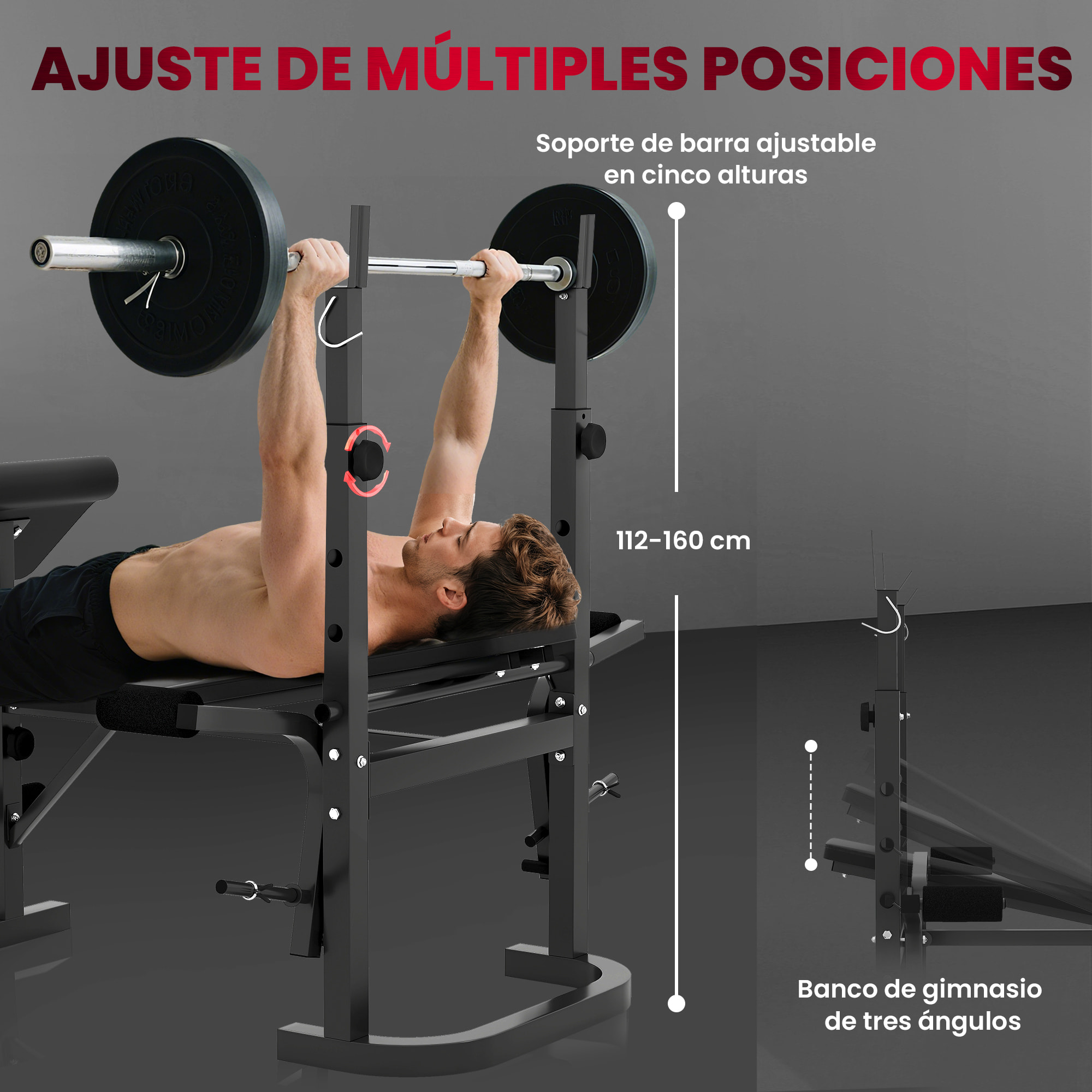 Banco de Musculación Multifuncional Inclinable, Banco de Pesas con Soporte para Barra Ajustable, Extensión de Piernas, Curl de Predicador y Mariposa, para Entrenamiento en Casa, Gimnasio