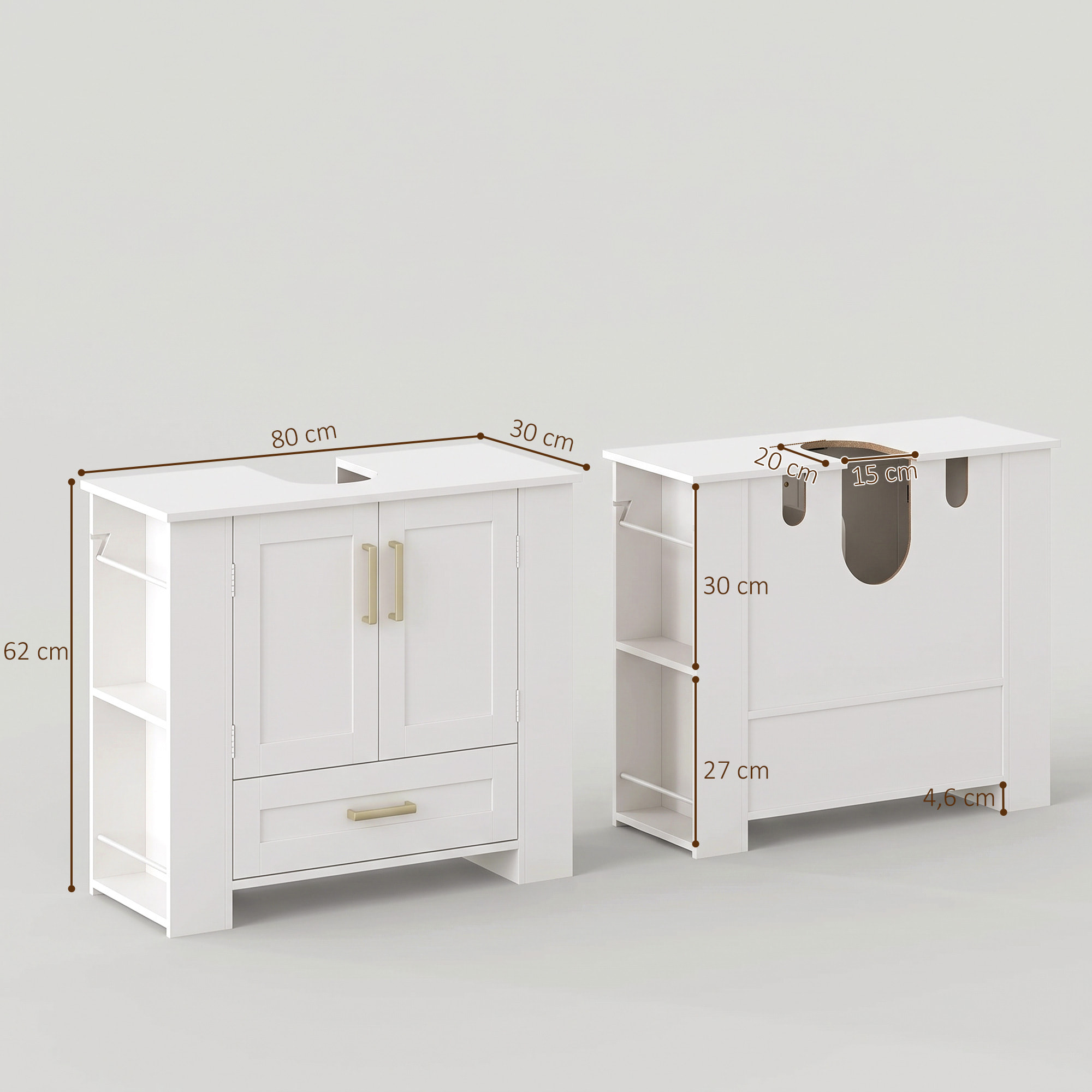 HOMCOM Mueble Bajo Lavabo, Mueble de Baño con Estantes en la Puerta, Portarrollos, Cajón, Compartimentos Abiertos, para Lavabo sin Pedestal, 80x30x62 cm, Blanco