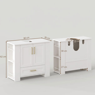 HOMCOM Mueble Bajo Lavabo, Mueble de Baño con Estantes en la Puerta, Portarrollos, Cajón, Compartimentos Abiertos, para Lavabo sin Pedestal, 80x30x62 cm, Blanco
