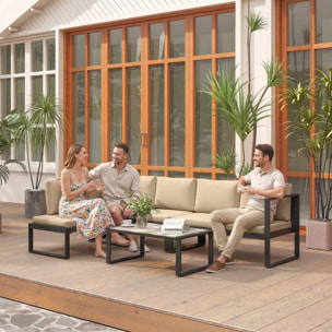 Conjunto de Jardín Exterior de 4 Piezas, Muebles Jardín Exterior con 2 Sofás de 2 Plazas, 1 Sillón sin Brazos y Mesa de Centro, Conjunto de Sofá con Estructura de Acero y Cojines, Caqui