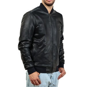 Giubbino in vera pelle di vitello foderato con trapunta invernale Blu-Slim Fit