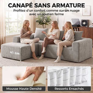 Canapé d'angle design arrondi 3 places larges accoudoirs 3 coussins tissu chenille gris clair