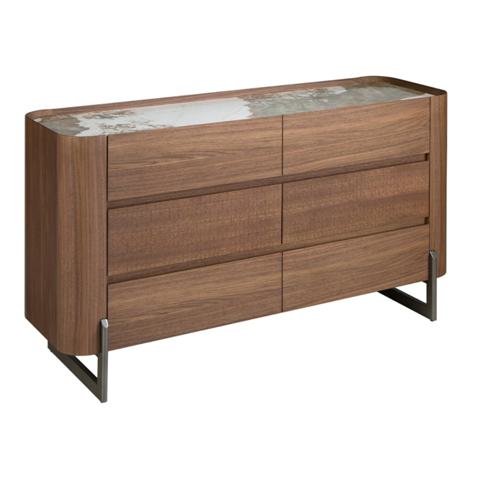 Cómoda de madera chapada en nogal natural y patas de acero inoxidable oscuro metalizado 145x45x78cm
