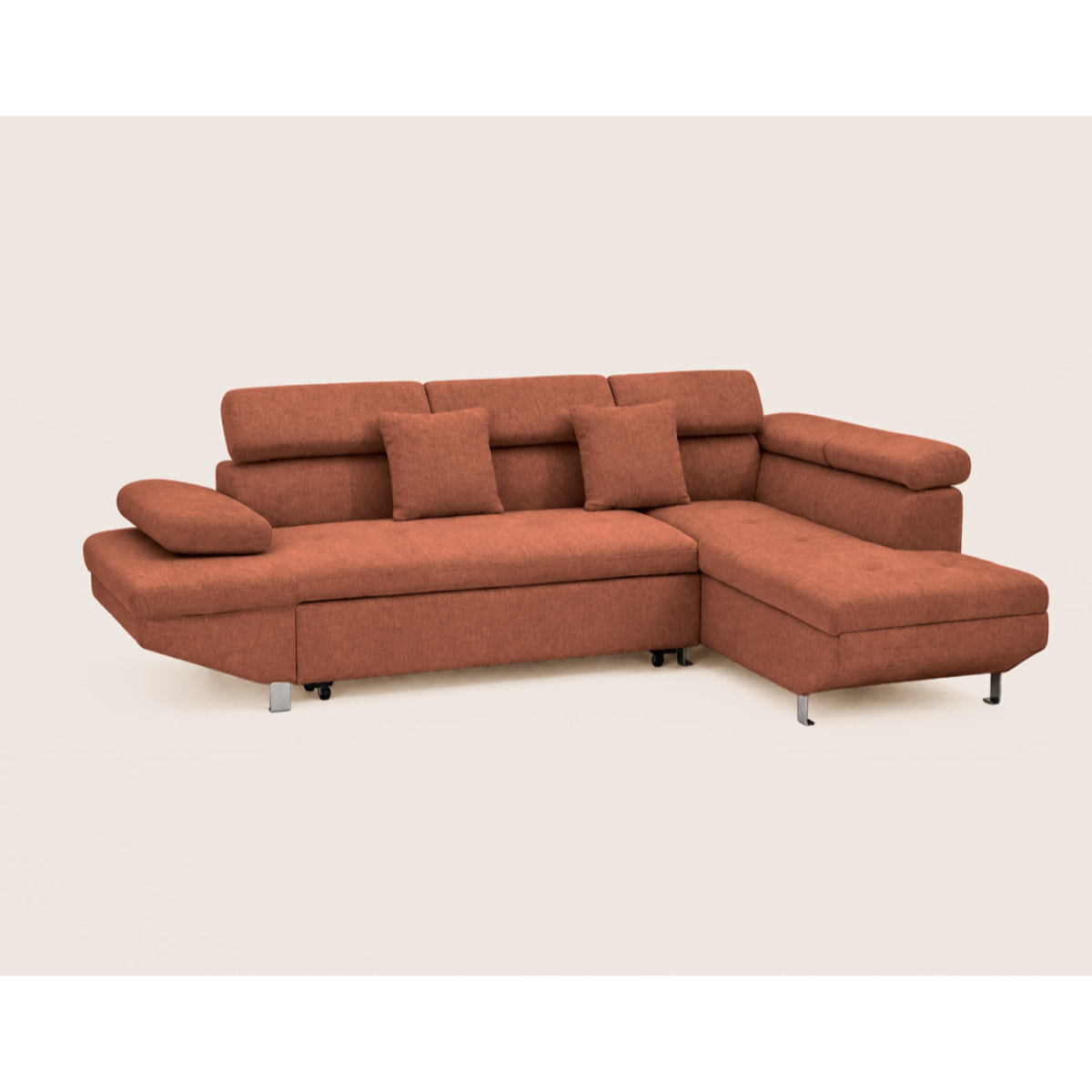 Margaux - Canapé d'angle droit 5 places convertible avec coffre et têtières réglables en velours texturé - Terracotta