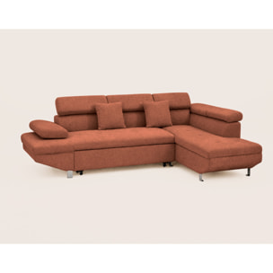 Margaux - Canapé d'angle droit 5 places convertible avec coffre et têtières réglables en velours texturé - Terracotta