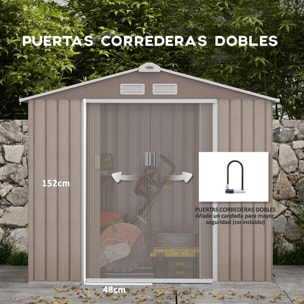 Cobertizo de Jardín 2,5m² con Base de Refuerzo Sin Suelo 213x130x185 cm Caseta de Jardín Exterior con 2 Puertas Correderas y 4 Ventanas para Almacenamiento de Herramientas Efecto Madera