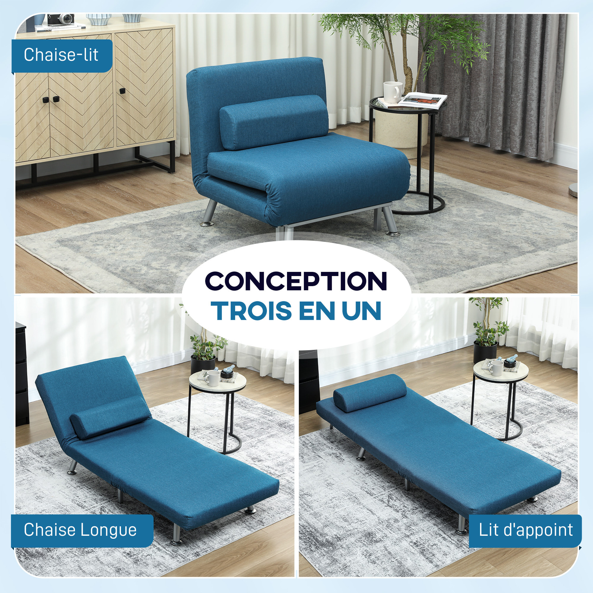 Fauteuil convertible 3 en 1 chauffeuse lit avec coussin bleu canard