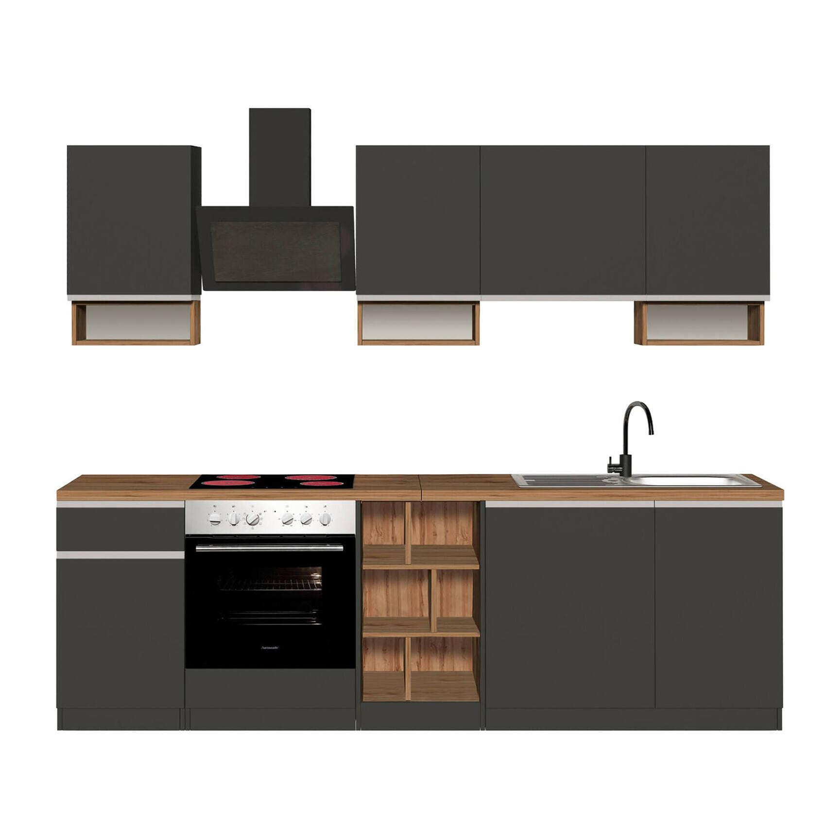 Cucina completa Dcelient, Cucina pratica e salvaspazio, Parete da cucina con 7 ante e 1 cassetto, 100% Made in Italy, 255x60h85 cm, Antracite e Rovere