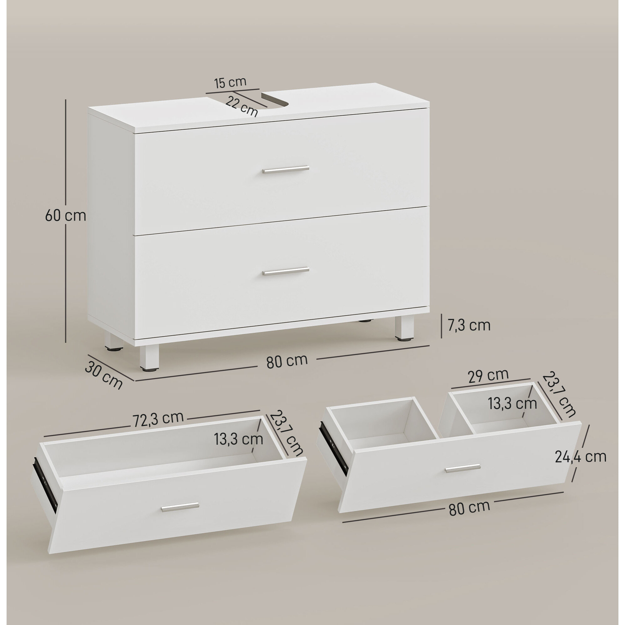 Mueble Bajo Lavabo, Mueble de Baño con 2 Cajones, Estilo Moderno, para Lavabo sin Pedestal, 80x30x60 cm, Blanco