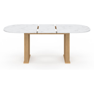 Table à manger extensible Marceau effet marbre blanc et pieds lattes 160-200cm