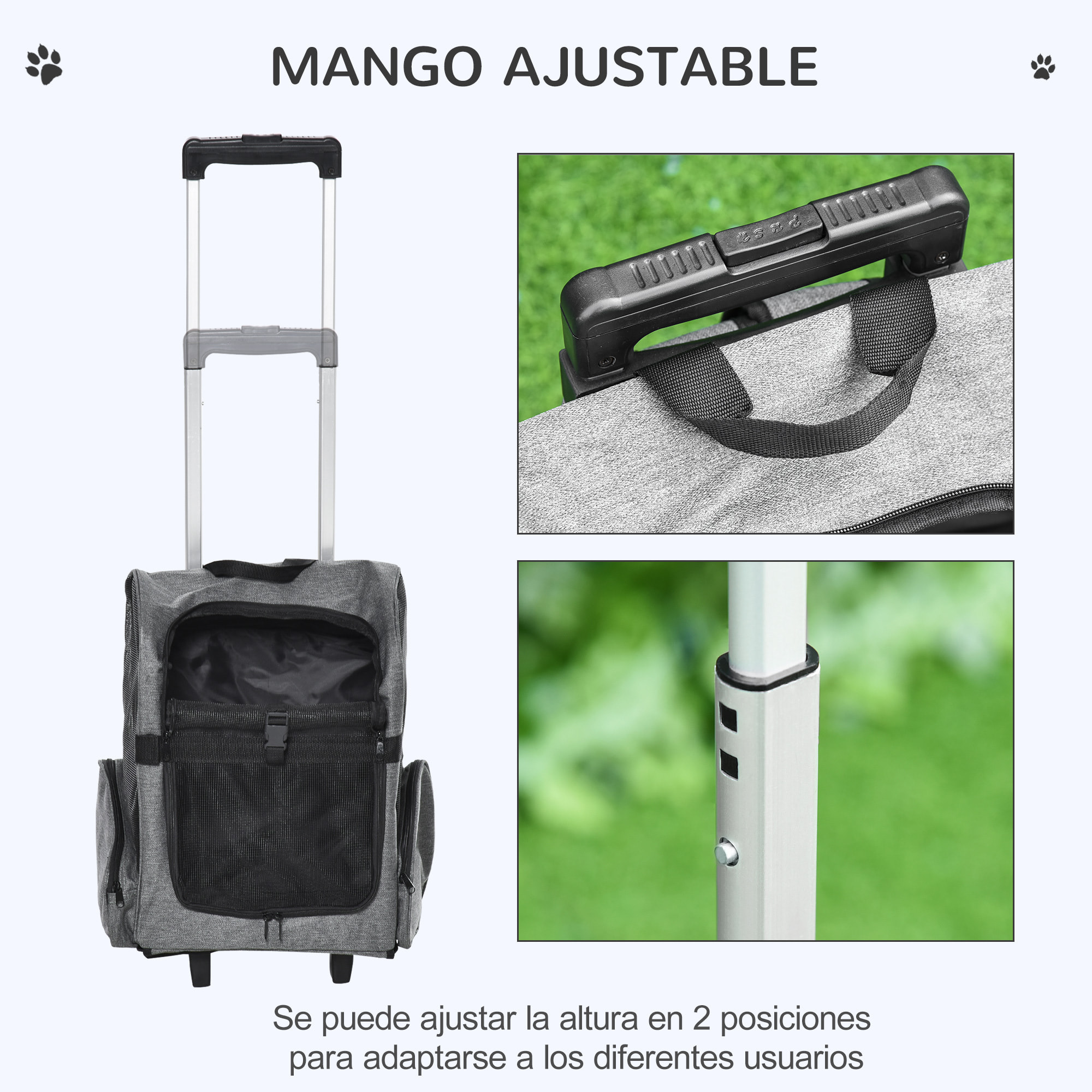 Transportín Carrito para Mascotas 2 en 1 Mochila de Viaje con 2 Ruedas para Perros Gatos con Asa Retráctil de Aluminio y Bolsillos de Almacenaje 42x25x55 cm Gris