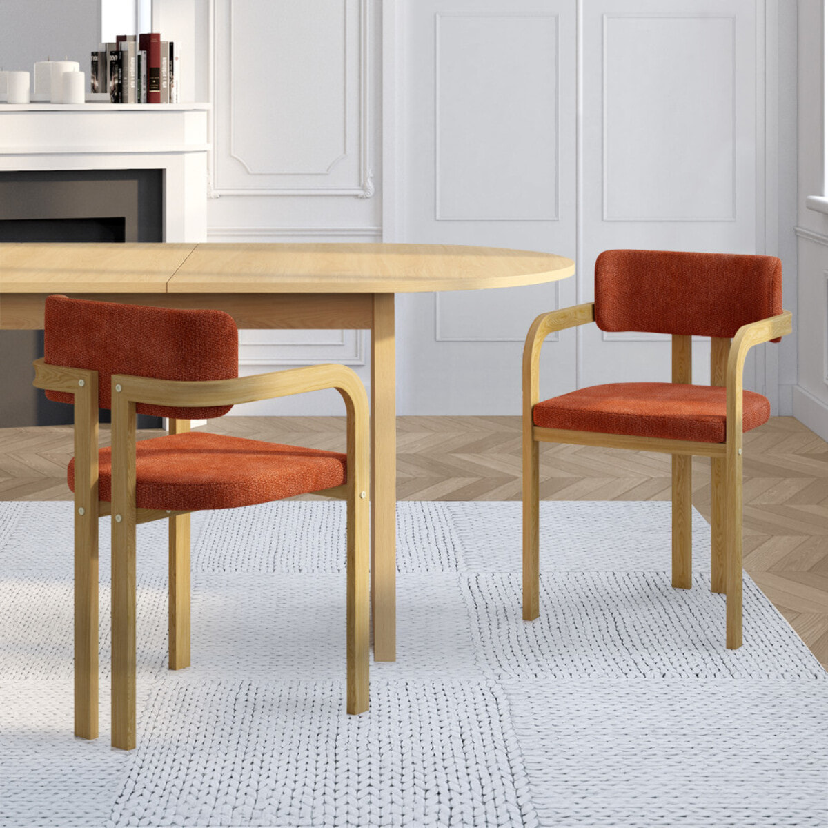 Chaises Elsa avec accoudoirs tissu chenille terracotta pieds effet bois - lot de 4