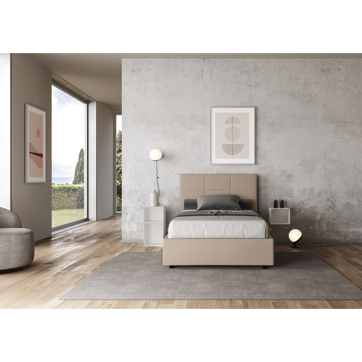 Cama con almacenaje acolchada 140x190 cuero sintético gris paloma Mika