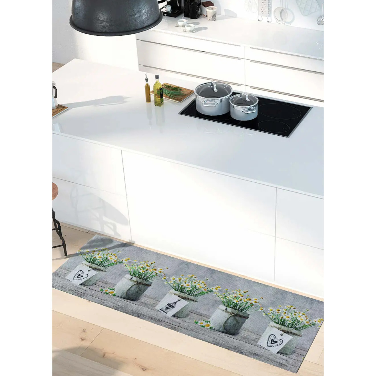 SPRINTY Alfombra vinílica de cocina dibujos macetas en gris, varias medidas disponibles.