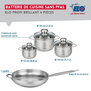 Ensemble de 1 Poêle de cuisson 32 cm et 3 faitouts 12, 14 et 16 cm Elo Profi Brillant