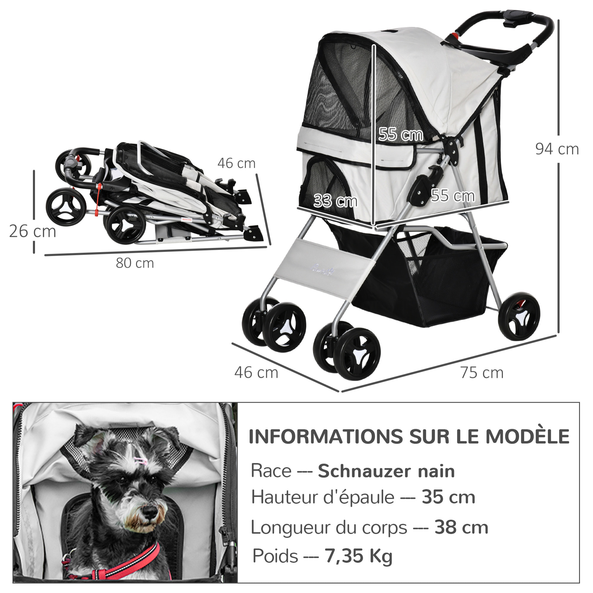 Poussette buggy pour chiens 75L x 46l x 94H cm pliable imperméable tissu 600D Oxford 4 roues gris