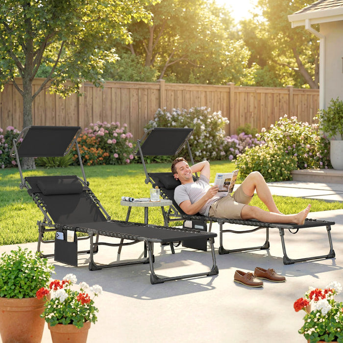 Set de 2 Tumbonas Jardín Exterior, Tumbonas Plegables con Reposacabezas, Parasol y Bolsillo Lateral, Respaldo Reclinable 5 Posiciones y Asiento Malla Transpirable para Playa, Piscina, Negro