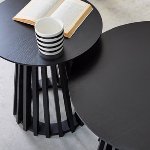Set de 2 tables basses rondes plateau effet bois noir et pieds en bois de sapin. Ø40cm et Ø60cm