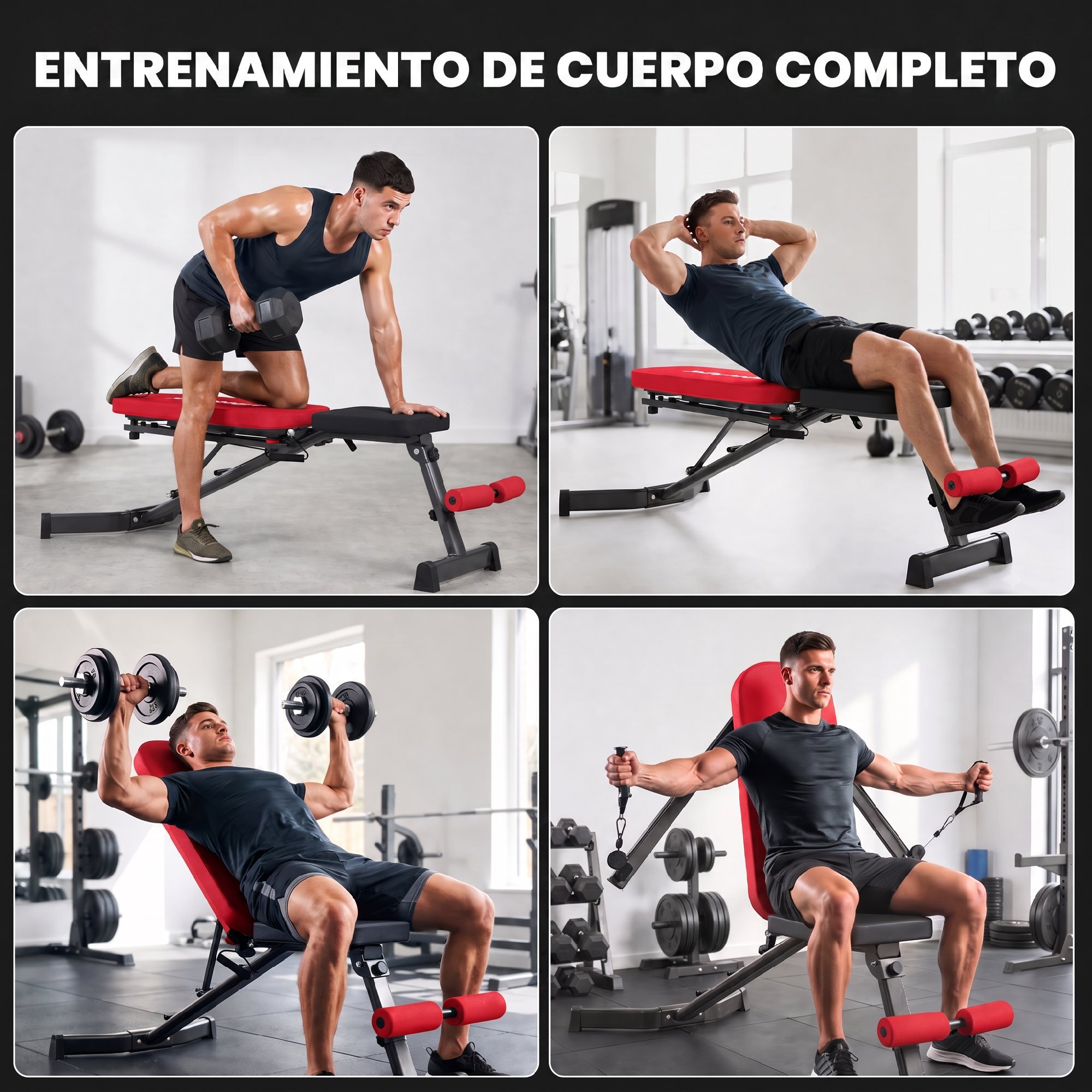 Banco de Musculación Plegable, Banco de Pesas, Respaldo Ajustable en 3 Niveles, Plano/Inclinación/Declive, Extensión de Pierna y Bandas de Resistencia, para Entrenamiento en Casa Gimnasio