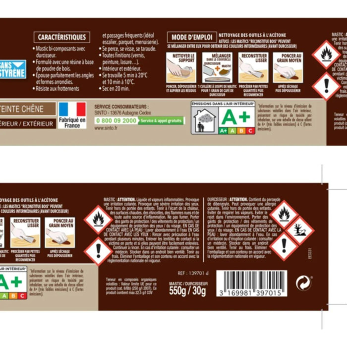 Mastic à bois avec durcisseur angles/gros trous chêne 500ml - SINTO - 139701