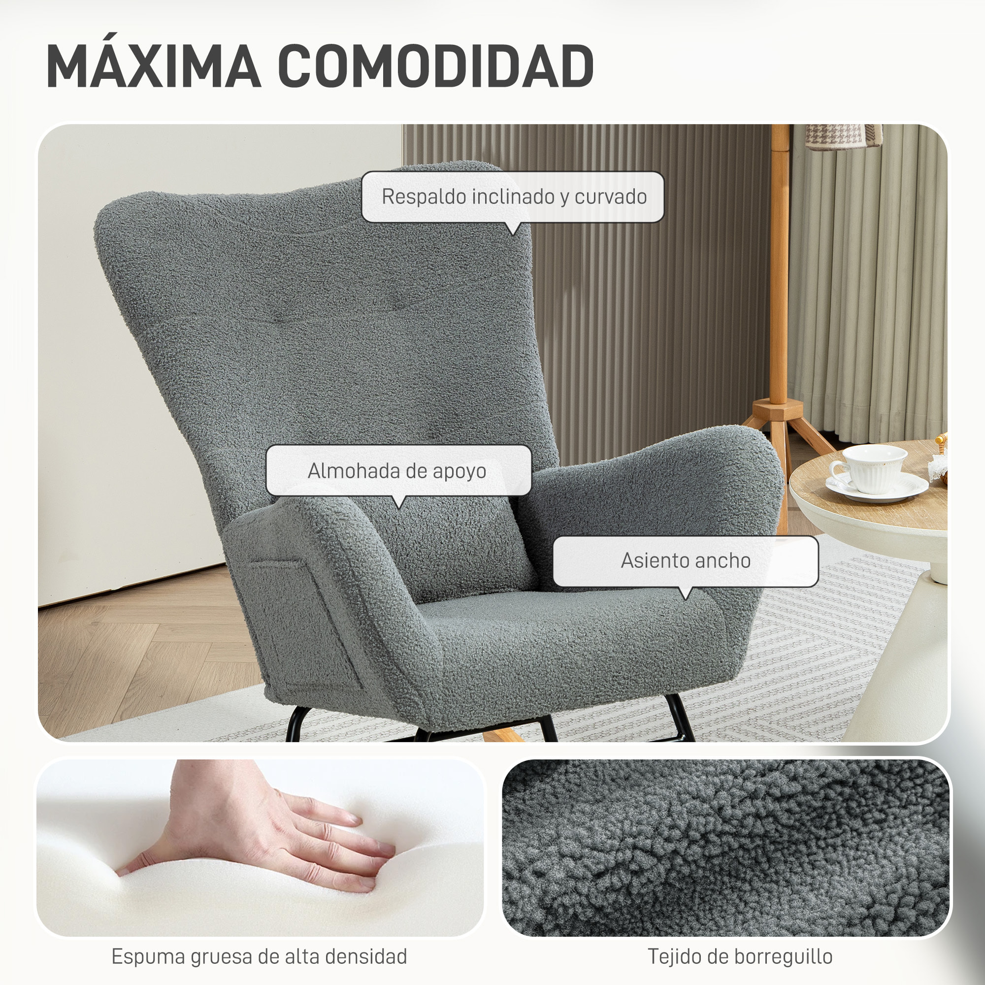 Mecedora de Borreguito Mecedora para Lactancia con Respaldo Acolchado Almohada y Base de Madera de Caucho Carga 120 kg Silla Mecedora para Salón Dormitorio Gris