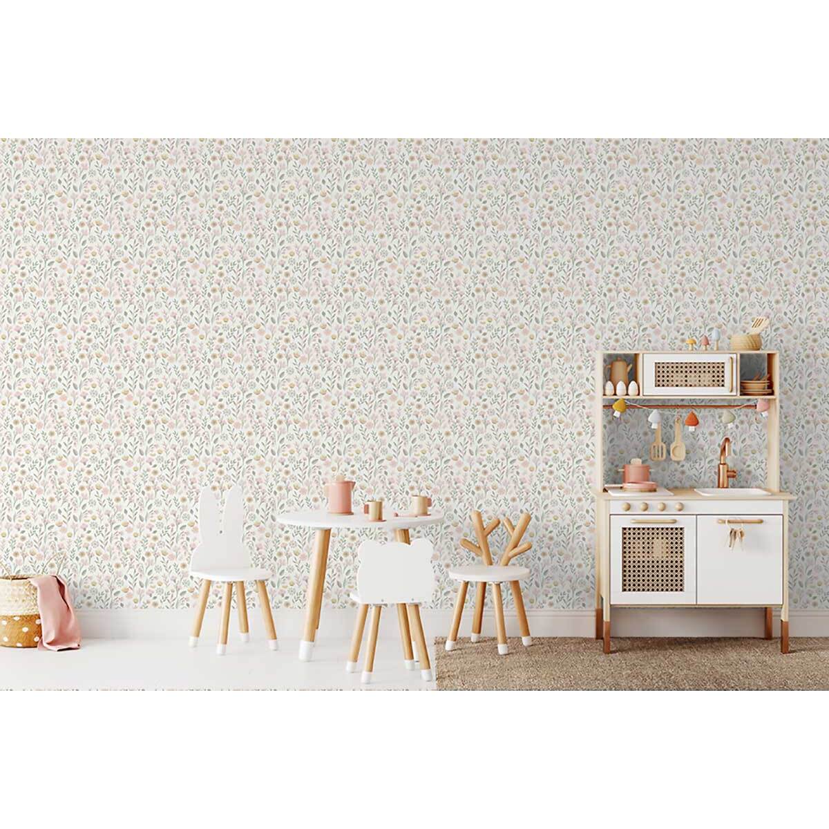 Papier peint fleuri prairie pastel fond blanc